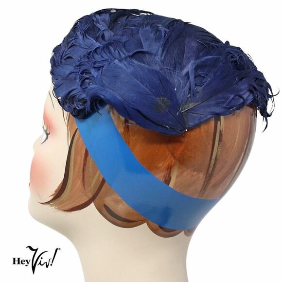 Vintage Blue Feather Cocktail Hat Rhinestone Accent Close Fitting Style -Hey Viv - Picture 2 of 7